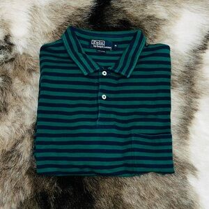Vintage Polo Ralph Lauren Striped Polo Shirt Green Navy XL Pocket USA Classic